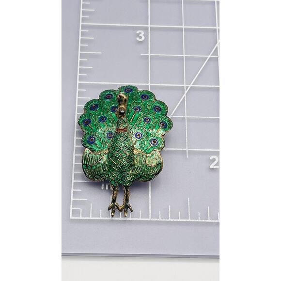 STERLING Siam SILVER &ENAMEL PEACOCK BROOCH Greengold Cloisonné Vintage Art Deco - Picture 3 of 5